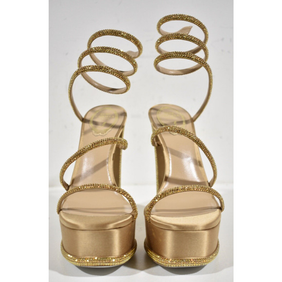 Rene Caovilla Cleo Gold Platform Crystal Wrap Strap Sandal Block Heel Pump 37.5 - Picture 6 of 12